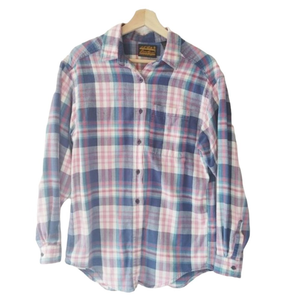 EDDIE BAUER vintage pink and blue plaid flannel button down shirt